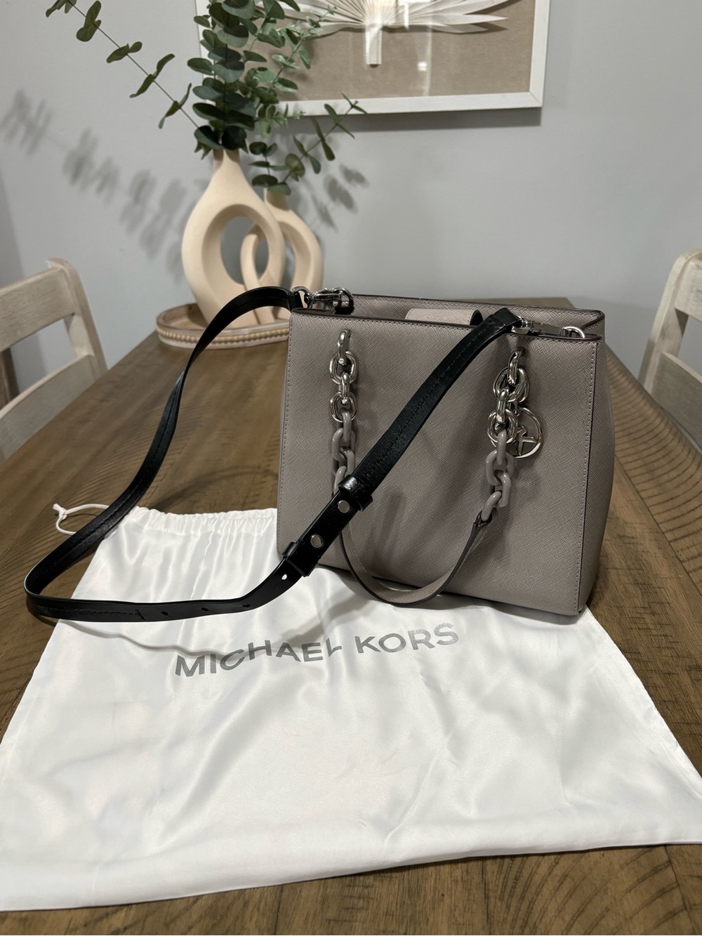 Michael Kors Gray Leather Shoulder Bag with Black Strap